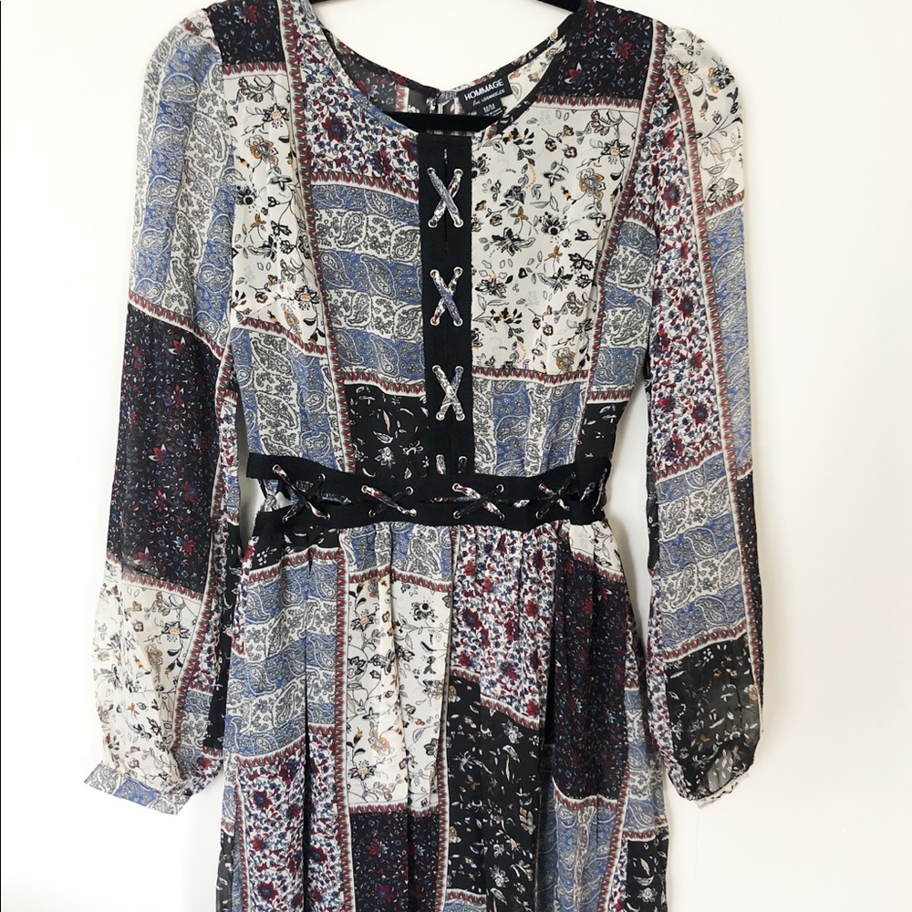 Hommage Blue Cut Out Peasant Sleeve Dress